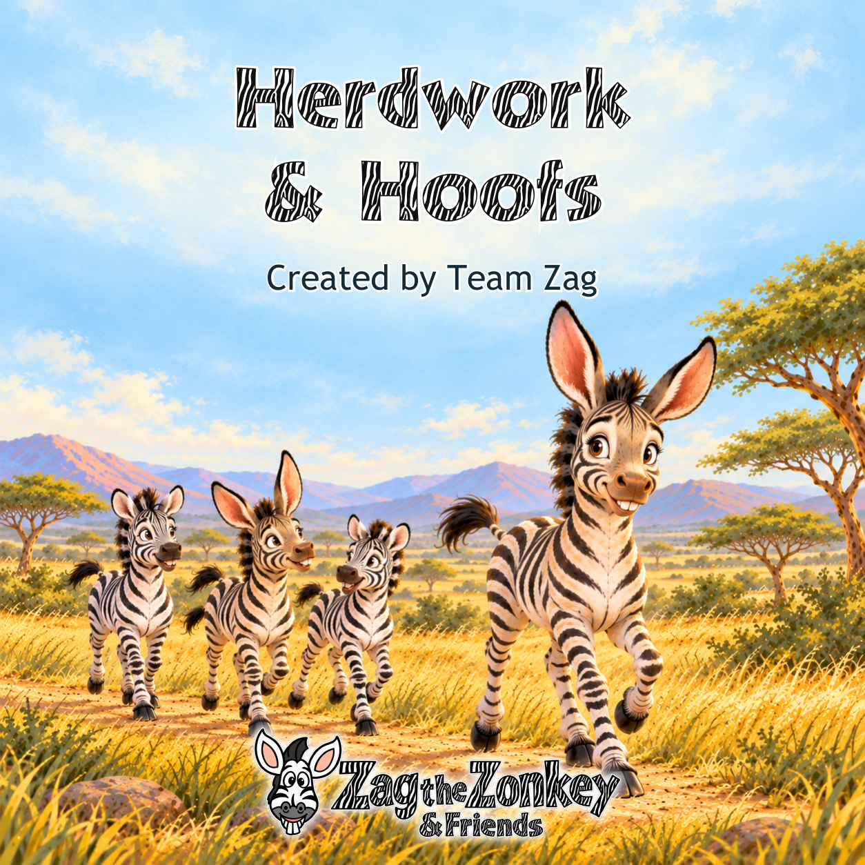 Herdwork & Hoofs: Zag and Zig walk with their zebra friends through a sunny meadow