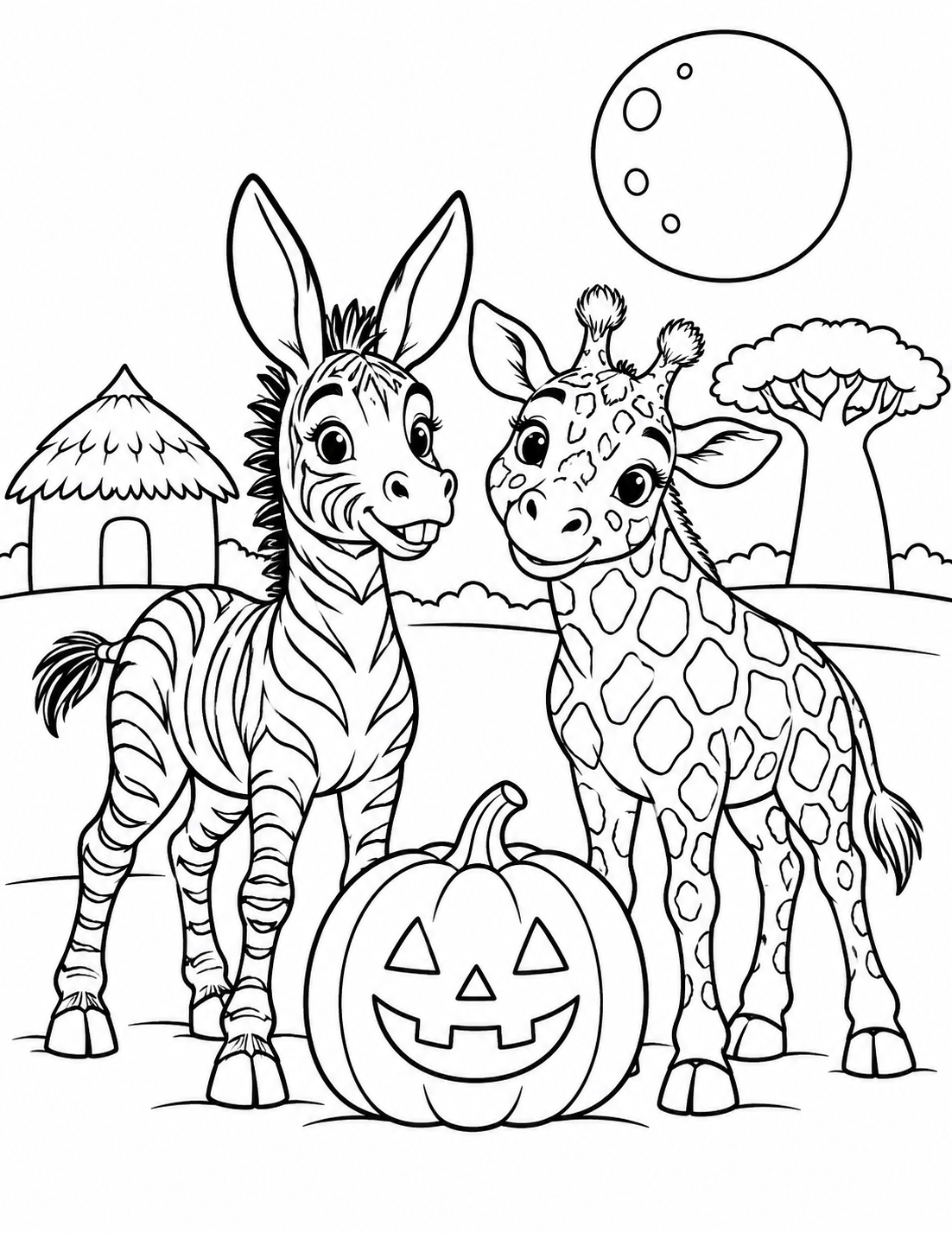 Coloring scene of Zag and Rafa with a Halloween pumpkin, hut and baobab tree